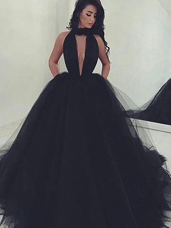 Ball Gown V-neck Sleeveless Court Train Tulle Dresses TPP0001827