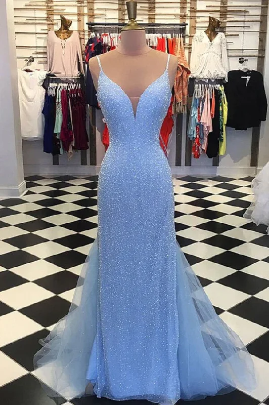 Shiny Light Blue Beaded Backless Mermaid Prom Dresses, Evening Dress