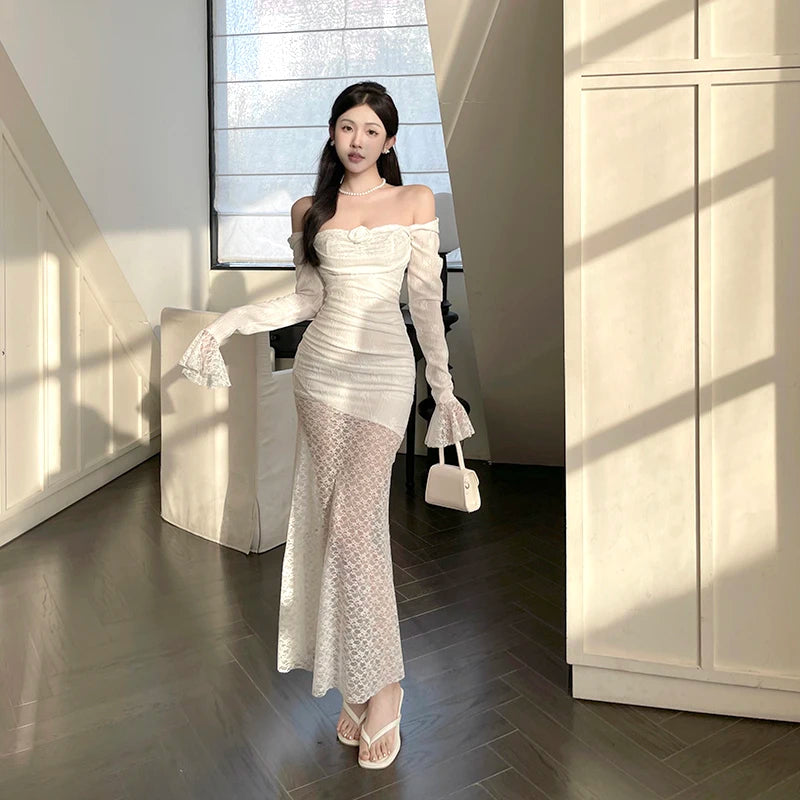 Getadme-Women's Elegant Dresses 2024 Spring New Pure Color Temperament Slim Fairy Style Lace Splicing Design Dresses