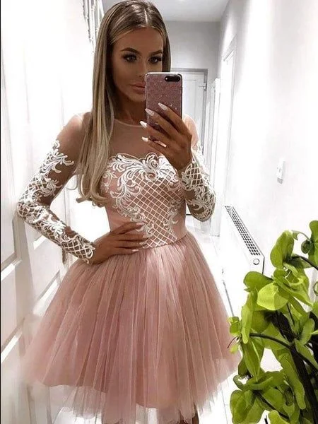 A-line Scoop Pink Lace Short Prom Dress Long Sleeve Homecoming Dress c3045