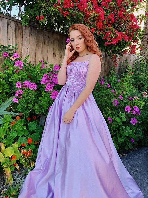 Ball Gown Sleeveless Floor-Length Satin Applique Spaghetti Straps Dresses TPP0004716