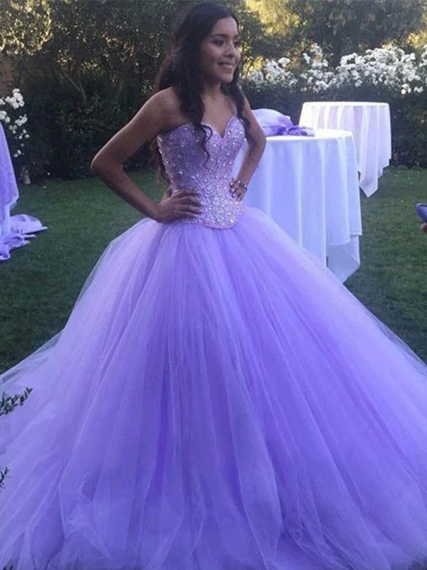 Ball Gown Tulle Beading Sweetheart Sleeveless Sweep/Brush Train Dresses TPP0002356