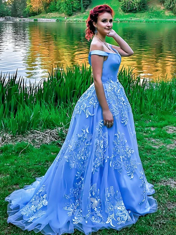 Ball Gown Sleeveless Off-the-Shoulder Applique Tulle Sweep/Brush Train Dresses TPP0001700