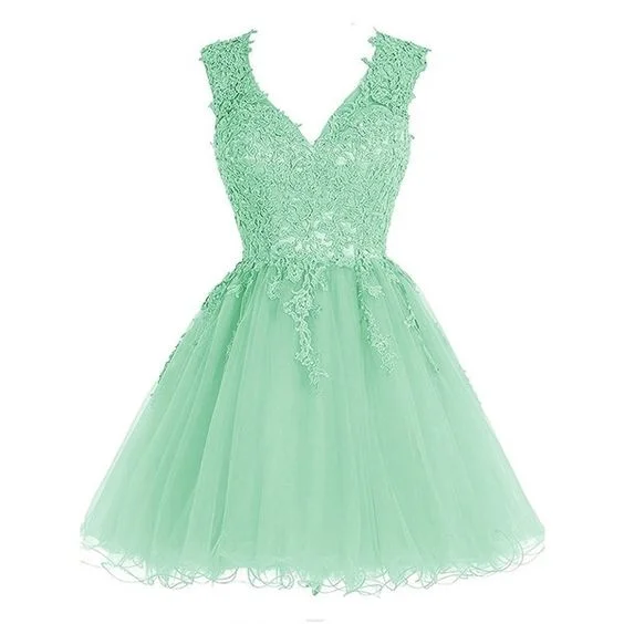Mint Green V Neck Lace Top Homecoming A-line Back to School Dress  c3149