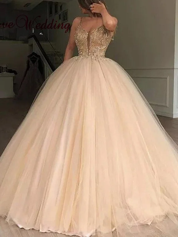 Ball Gown V-neck Tulle Sleeveless Beading Floor-Length Dresses TPP0002623
