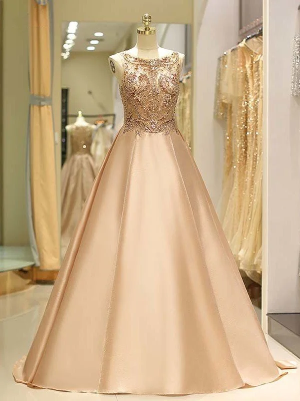 Ball Gown Sleeveless Bateau Sweep/Brush Train Beading Satin Dresses TPP0002335