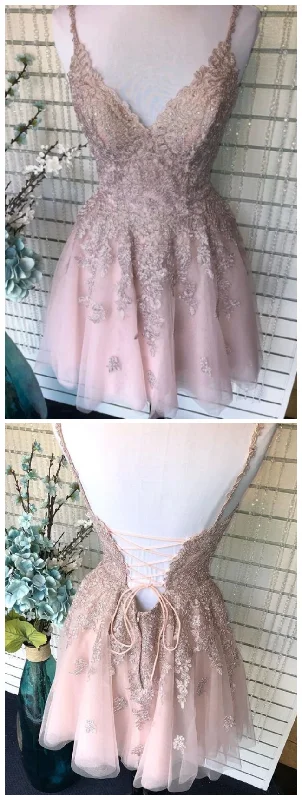 A Line Spaghetti Straps Blush Homecoming Dress With Appliques Beading c3035