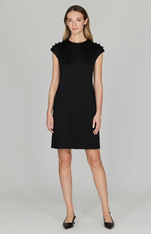 Matte Jersey Fitted Dress w/ Shoulder Buttons