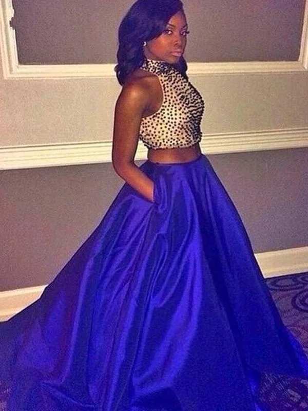 Ball Gown Sleeveless Halter Sweep/Brush Train Beading Taffeta Two Piece Dresses TPP0002138