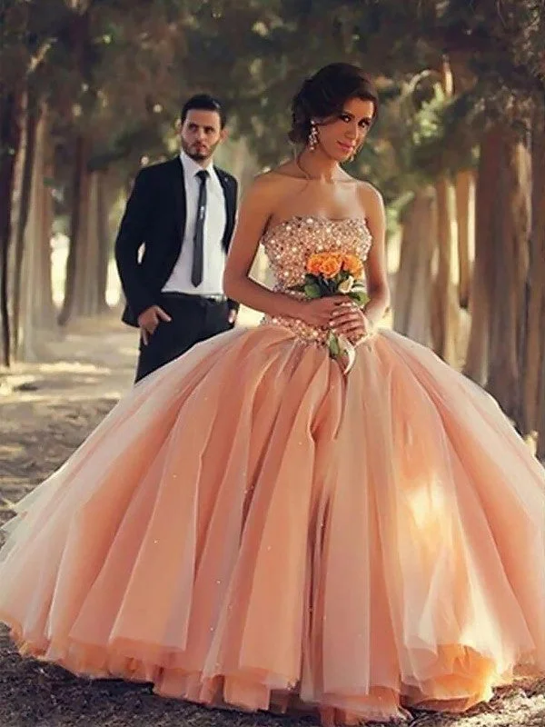 Ball Gown Sleeveless Strapless Beading Floor-Length Tulle Dresses TPP0001933