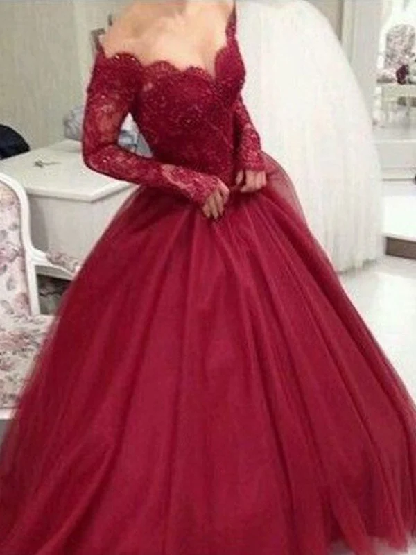 Ball Gown V-neck Long Sleeves Floor-Length Lace Tulle Dresses TPP0001734