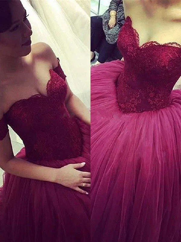 Ball Gown Sleeveless Off-the-Shoulder Sweep/Brush Train Applique Tulle Dresses TPP0002525