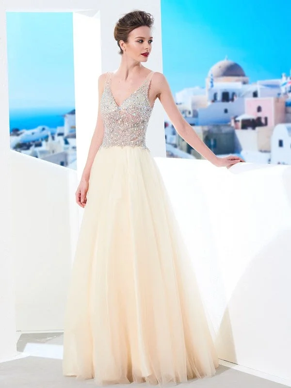Ball Gown V-neck Sleeveless Beading Floor-length Tulle Dresses TPP0003263