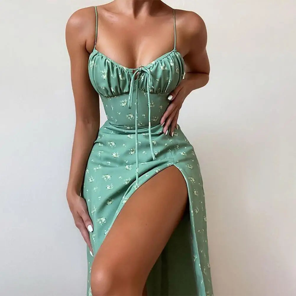 Getadme-2024 New Summer Women's Sexy Slim Fit Sleeveless High Waist Fashion Floral Fold Lace Up Split Hanging Strap Floral Print Dress