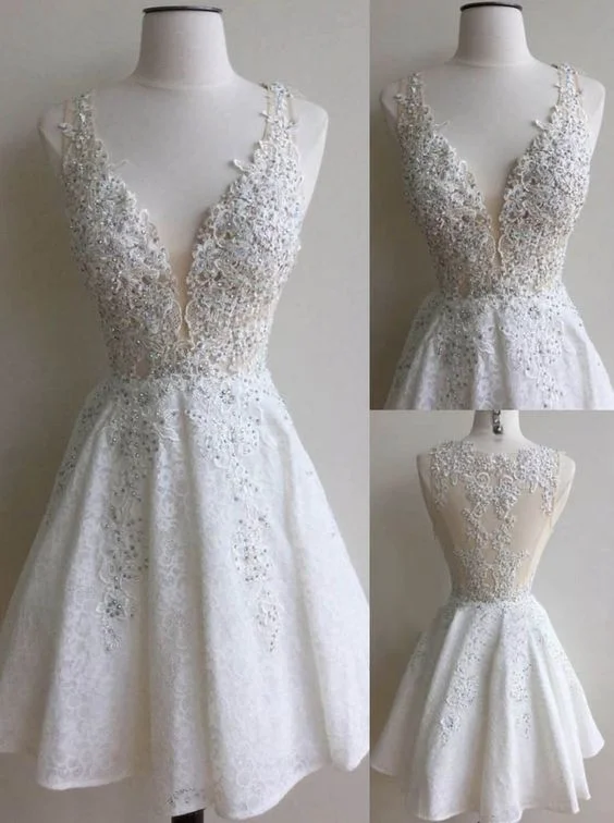 Dress, Ivory Lace Homecoming Dress,Short Prom Dress, Special Ocassion Dress, White Prom Dress,Gorgeous V-neck Prom Dress,Formal Prom Dress,Graduation Dress c3077