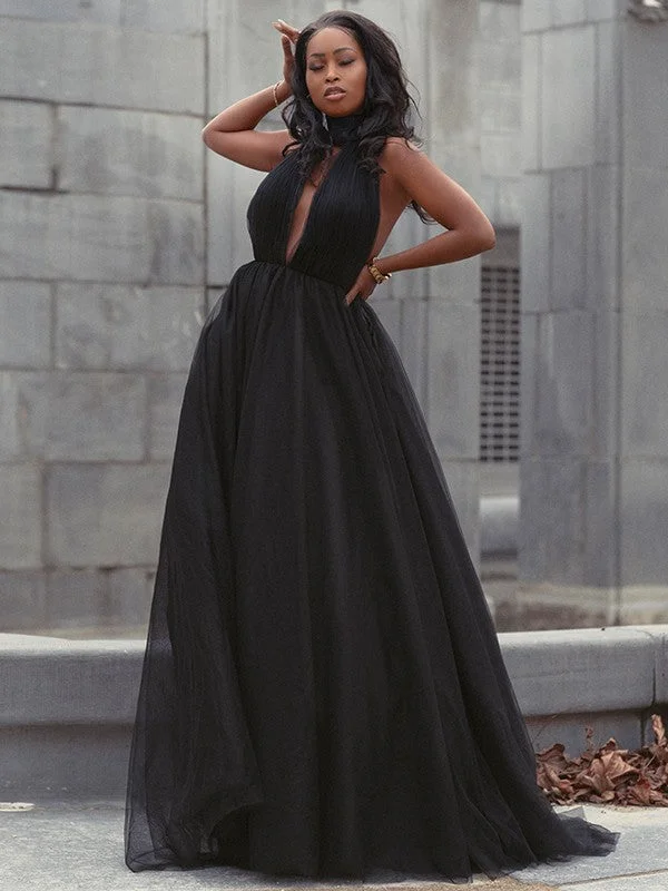 Ball Gown Tulle Ruffles V-neck Sleeveless Court Train Dresses TPP0001636
