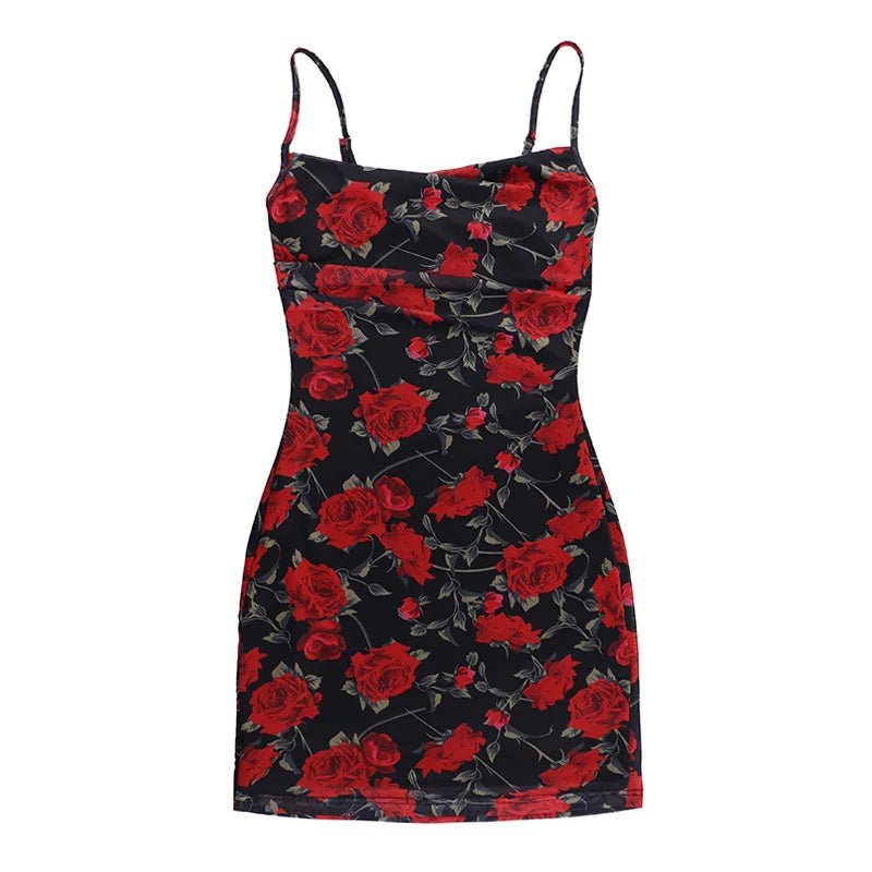 Getadme-Women's Elegant Dresses Gentle Temperament Rose Mesh Printing Design Sling Hip Sexy Peplum Dresses