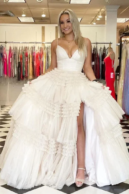 Ivory Tulle Ball Gown Spaghetti Straps Split Prom Dresses, Evening Gown