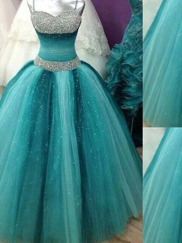 Ball Gown Spaghetti Straps Sleeveless Beading Tulle Floor-Length Dresses TPP0001900