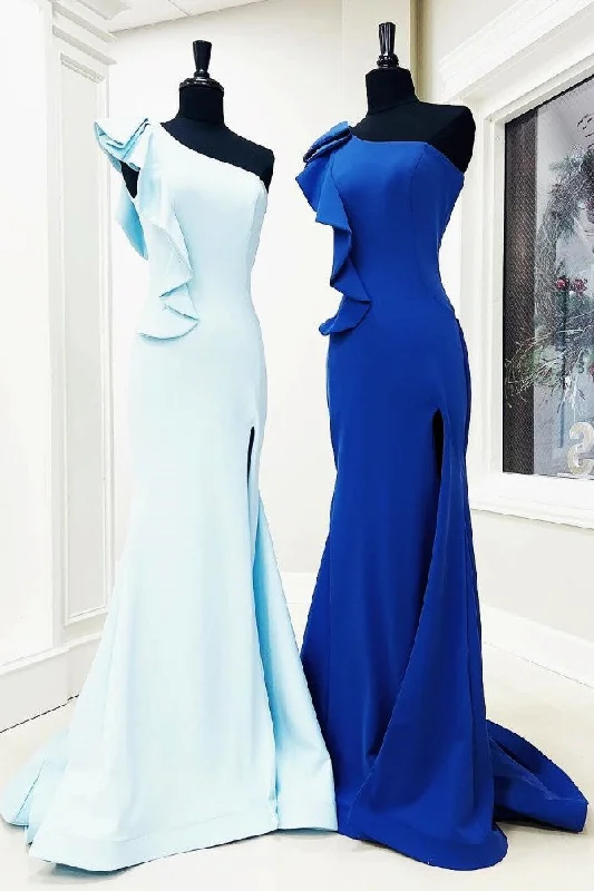 One Shoulder Light Blue Satin Ruffle Mermaid Prom Dress with Slit
