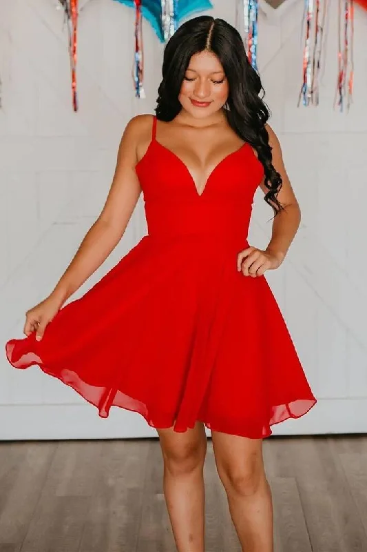 Straps Red Chiffon A-line Homecoming Dress  c3133