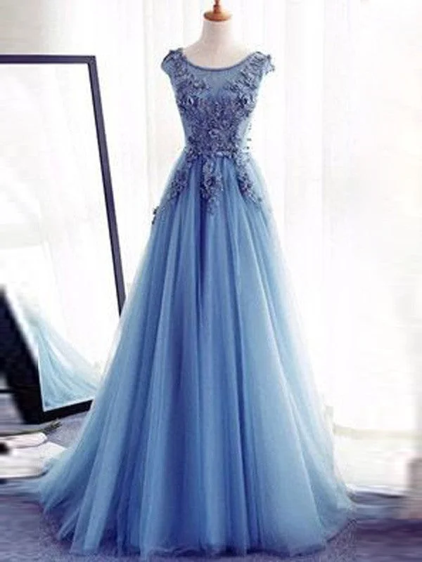 Ball Gown Sleeveless Jewel Sweep/Brush Train Applique Tulle Dresses TPP0001793