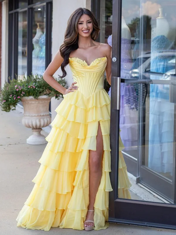 Yellow Sweetheart Ruffle Chiffon Tiered Long Prom Dresses
