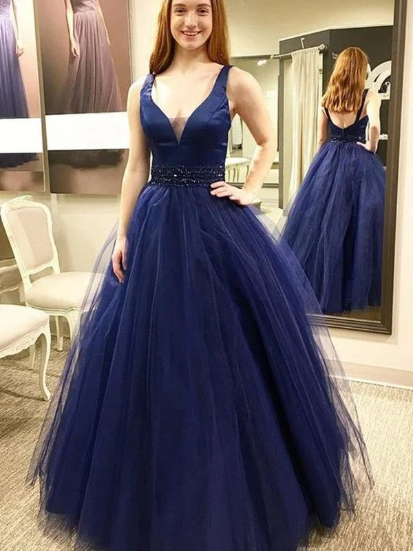 Ball Gown Sleeveless V-neck Floor-Length Beading Tulle Dresses TPP0003664