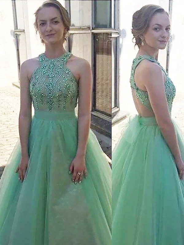 Ball Gown Sleeveless Halter Beading Floor-Length Tulle Dresses TPP0002713