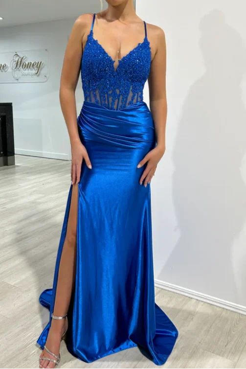 Straps Appliques Satin Mermaid Prom Dress With Slit