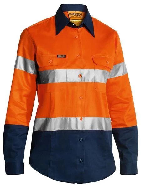 Bisley Women's Taped Hi Vis Drill Shirt - Long Sleeve-(BLT6456) Nylon Fabric Polyester Fabric Spandex Fabric