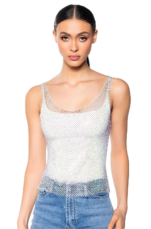 ANGEL VIBES RHINESTONE MESH TANK IN SILVER pastel tank top