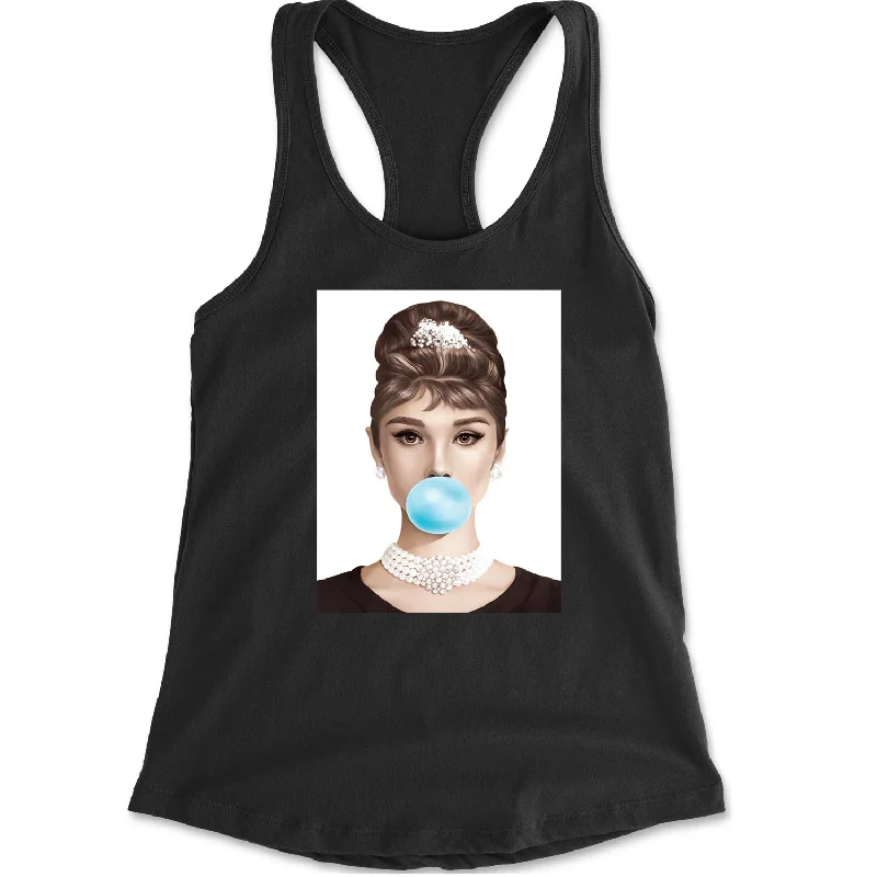 Audrey Hepburn Chewing Bubble Gum American Icon Racerback Tank Top for Women gold tank top