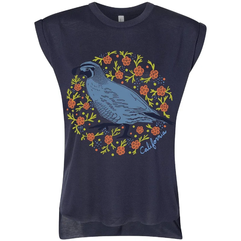California Poppy Quail  Rolled Sleeve Tank boho tank top