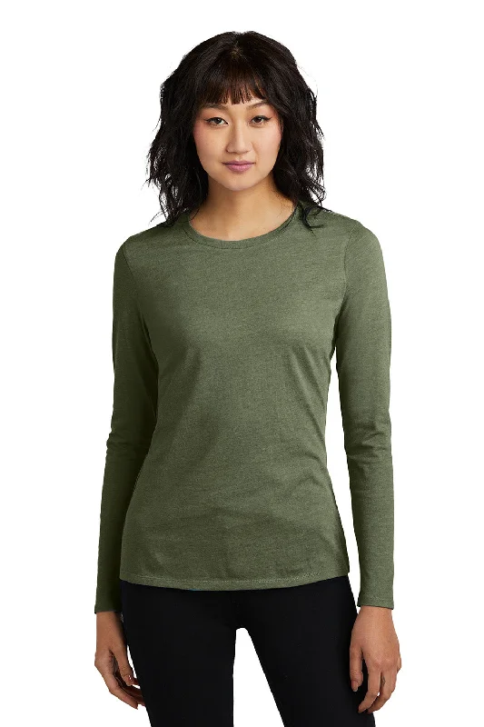 District Womens Perfect Blend CVC Long Sleeve Crewneck T-Shirt - Heather Olive Green - New Houndstooth Herringbone Solid