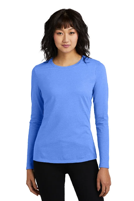 District Womens Perfect Blend CVC Long Sleeve Crewneck T-Shirt - Heather Royal Blue - New Beaded Sequined Faux Fur