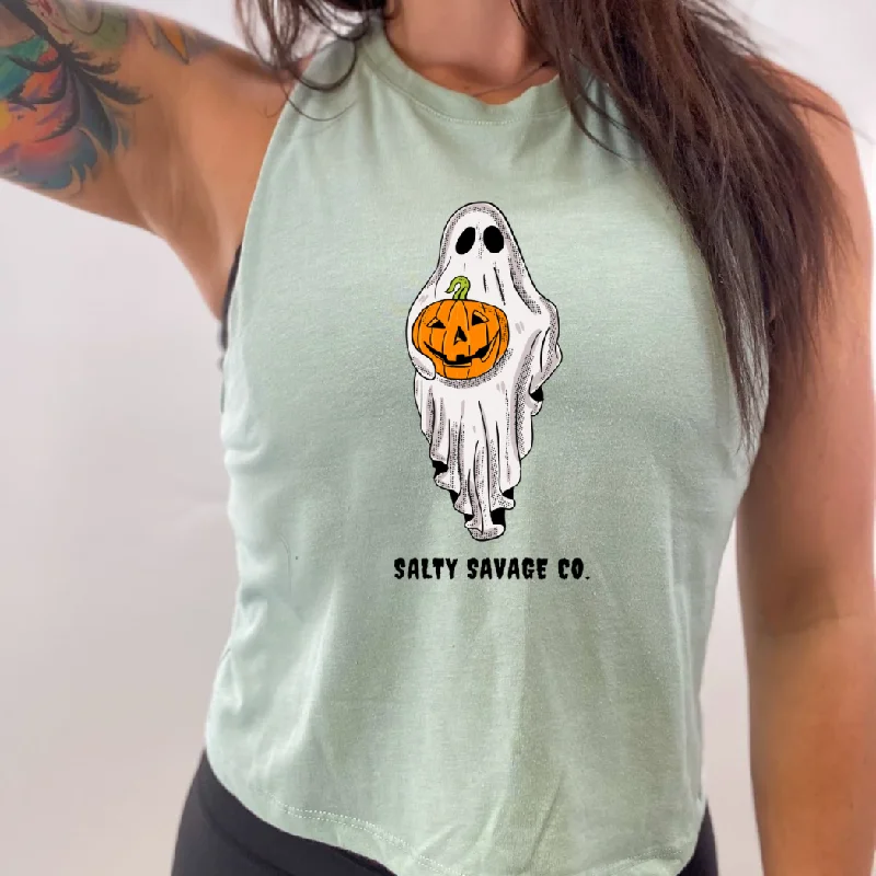 Ladies "Ghosted" Flowy Crop Tank peach tank top