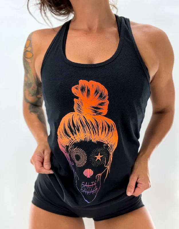 Ladies "Messy Bun Skull" Racerback Tank | Orange Purple Ombre one shoulder tank