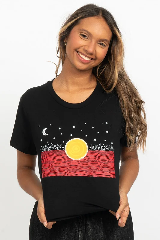 The Night Sky Flag Black Cotton Crew Neck Womens T-Shirt Faux Fur Fabric Real Fur Fabric Shearling Fabric