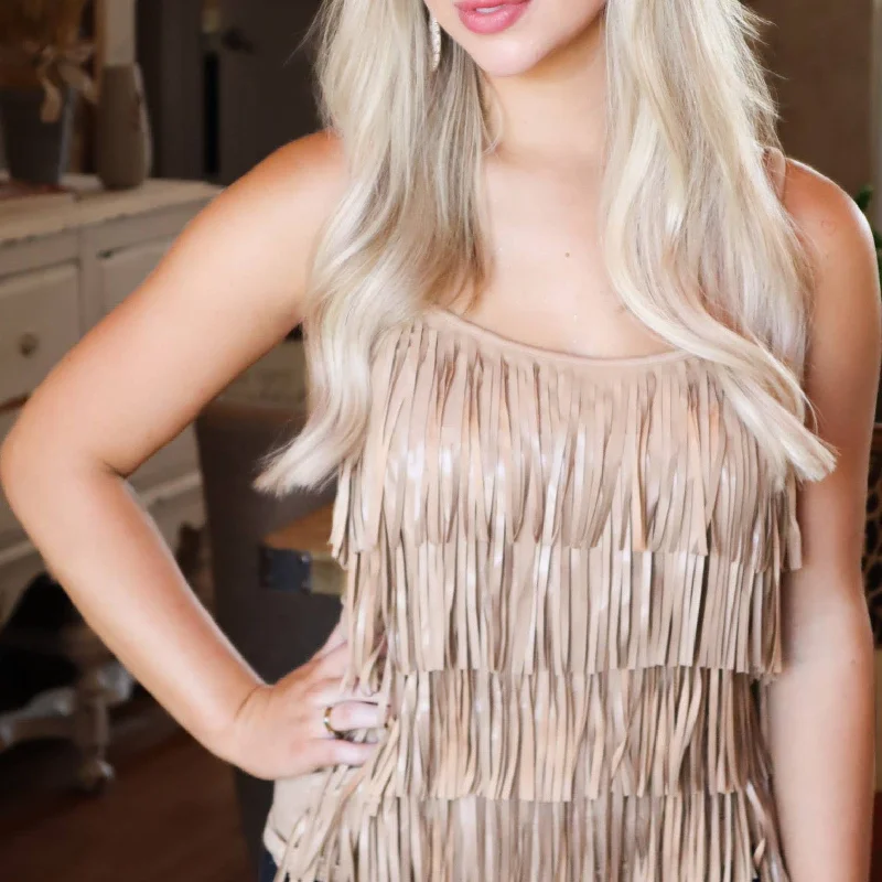 Living on the Edge Fringe Tan Tank at Bourbon Cowgirl ribbed tank top