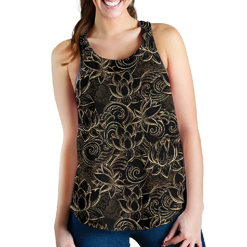 luxurious gold lotus waterlily black background Women Racerback Tank Top relaxed fit tank