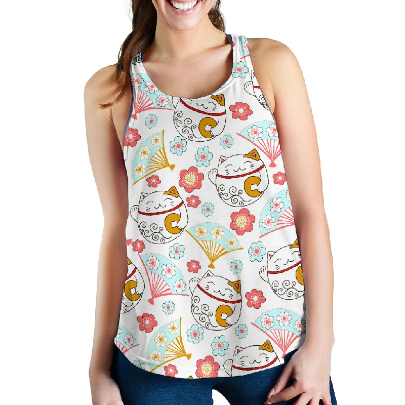 Maneki Neko Lucky Cat fan sakura Women Racerback Tank Top silver tank top