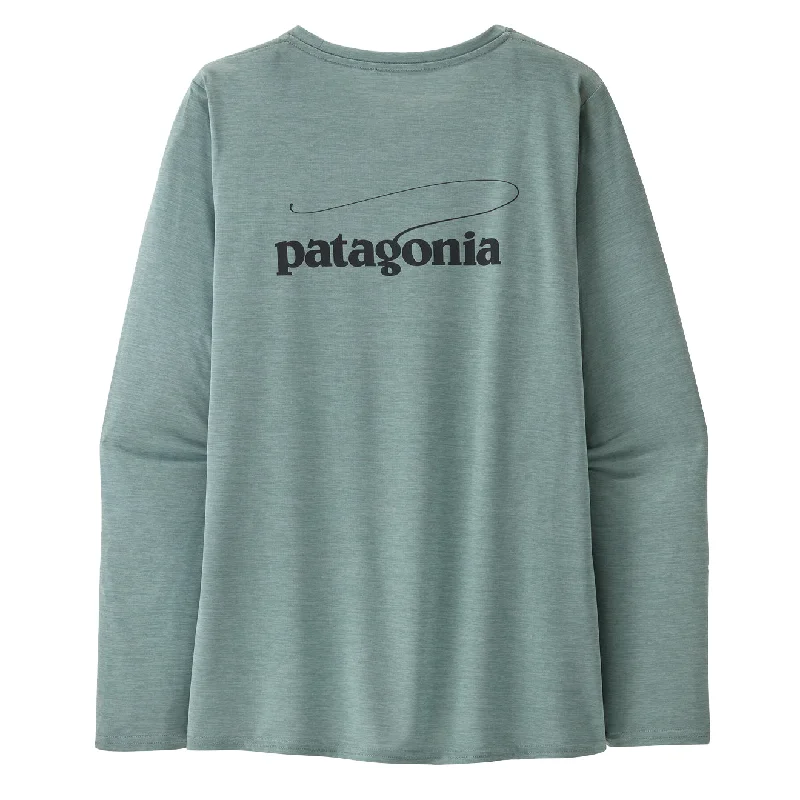 Patagonia Womens L/S Cap Cool Daily Graphic Shirt - Waters Casting Logo / Thermal Blue X-Dye Hooded Caped Shawl Collar