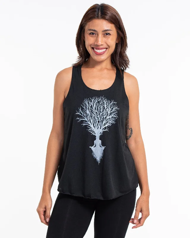 Womens Meditation Tree Tank Top in Black striped tank top
