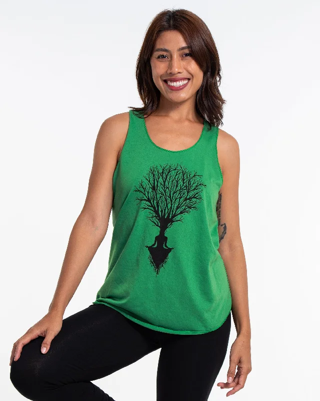 Womens Meditation Tree Tank Top in Green metallic tank top