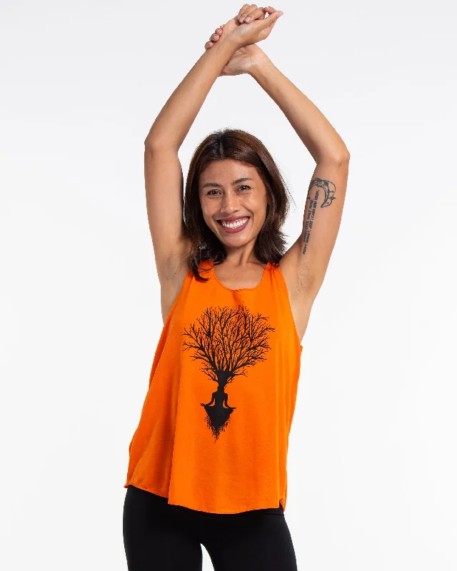 Womens Meditation Tree Tank Top in Orange loose fit tank