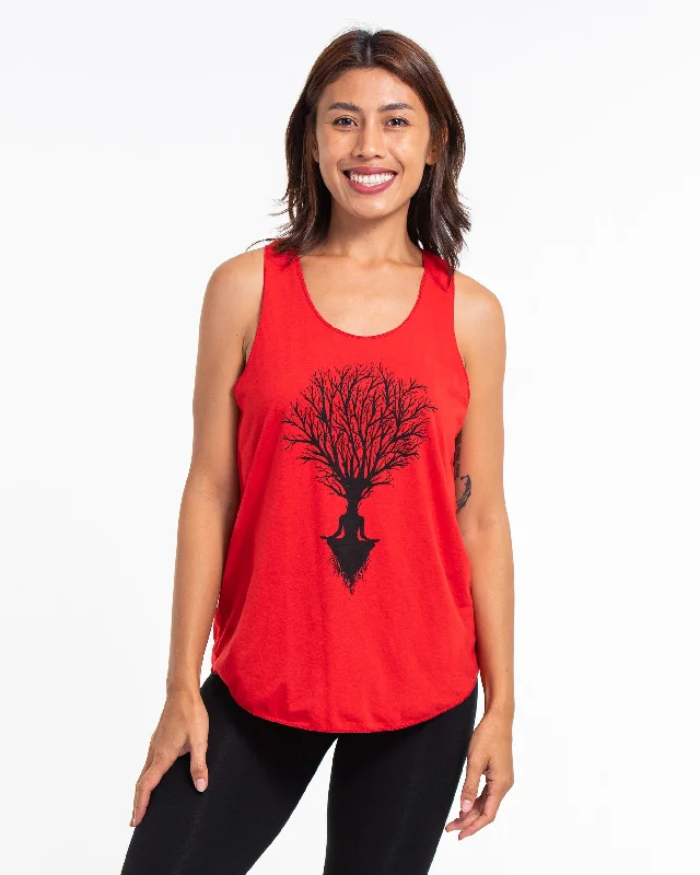 Womens Meditation Tree Tank Top in Red ivory tank top