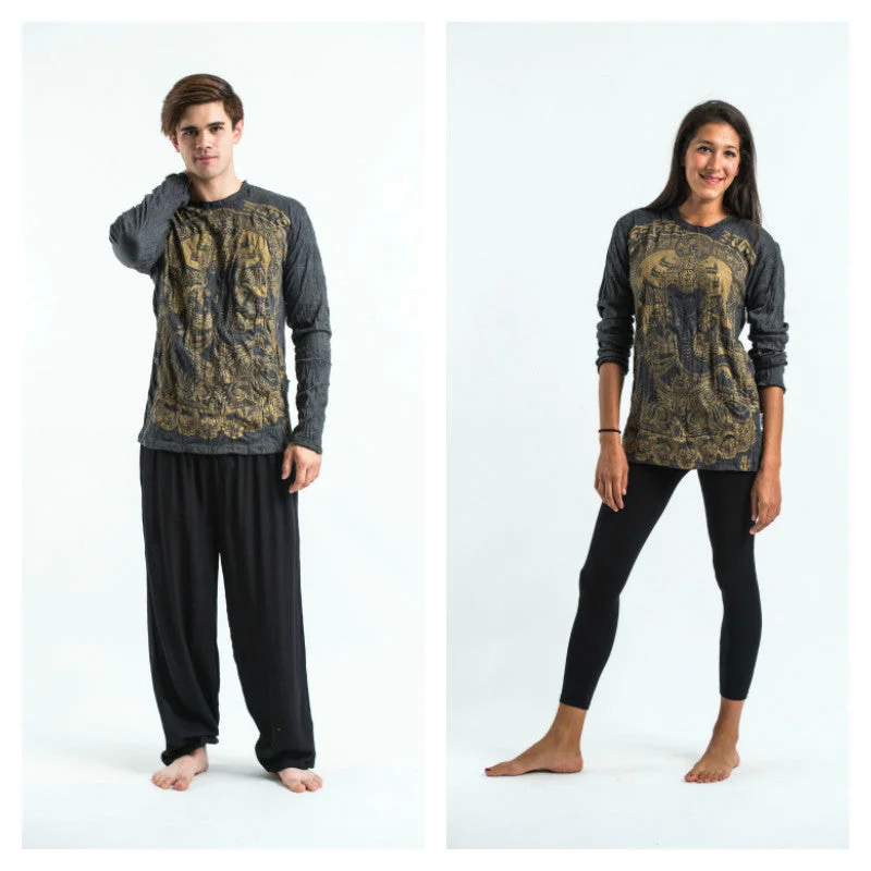 Unisex Batman Ganesh Long Sleeve T-Shirt in Gold on Black Welt Pockets Slit Pockets Flap Pockets