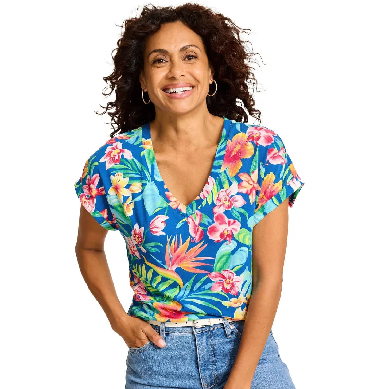 Tommy Bahama Women's Kauai Tropi-Flore V-Neck T-Shirt - Cobalt Sea Graphic Embroidered Appliqued