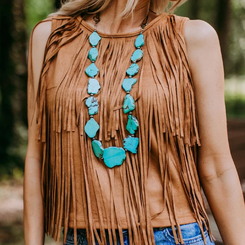 Vegan Suede Fringe Top Brown Western Tank at Bourbon Cowgirl breathable tank top